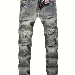 Vintage Slim Fit Ripped Jeans Mens Street Style Distressed Denim Pants