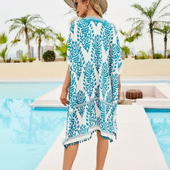 Boho Cover Up Geo Print Batwing Sleeve Tassel Trim Beach Cover Up