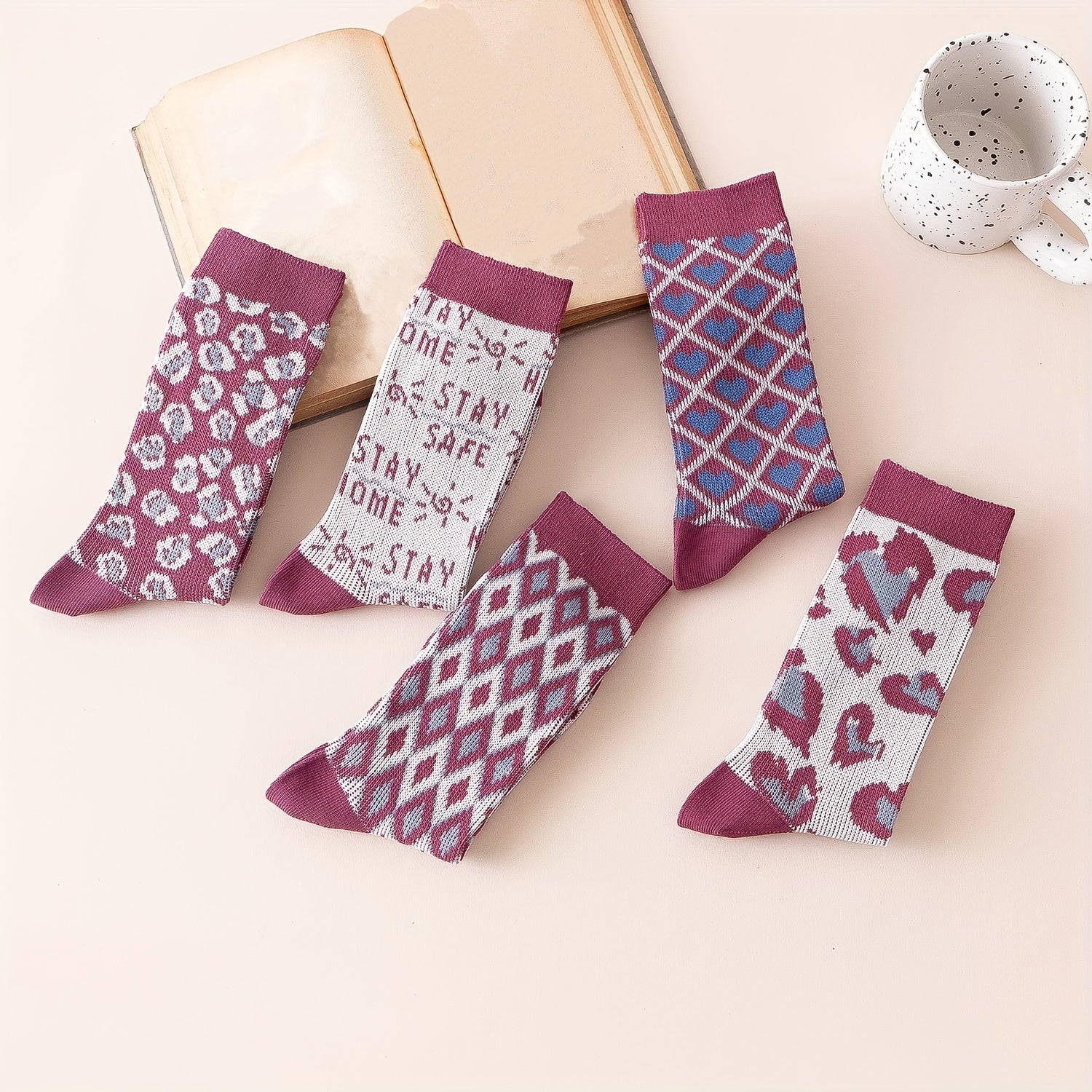 Leopard & Argyle Socks 5 Pairs Comfy Breathable Mid Tube Women's Stockings