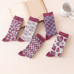 Leopard & Argyle Socks 5 Pairs Comfy Breathable Mid Tube Women's Stockings