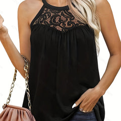 Solid Lace Splicing Top Sleeveless Crew Neck Summer Top