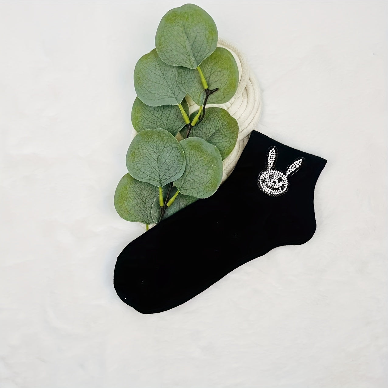 5 Pairs Bunny Rhinestone Socks Women's Crew Short Stockings