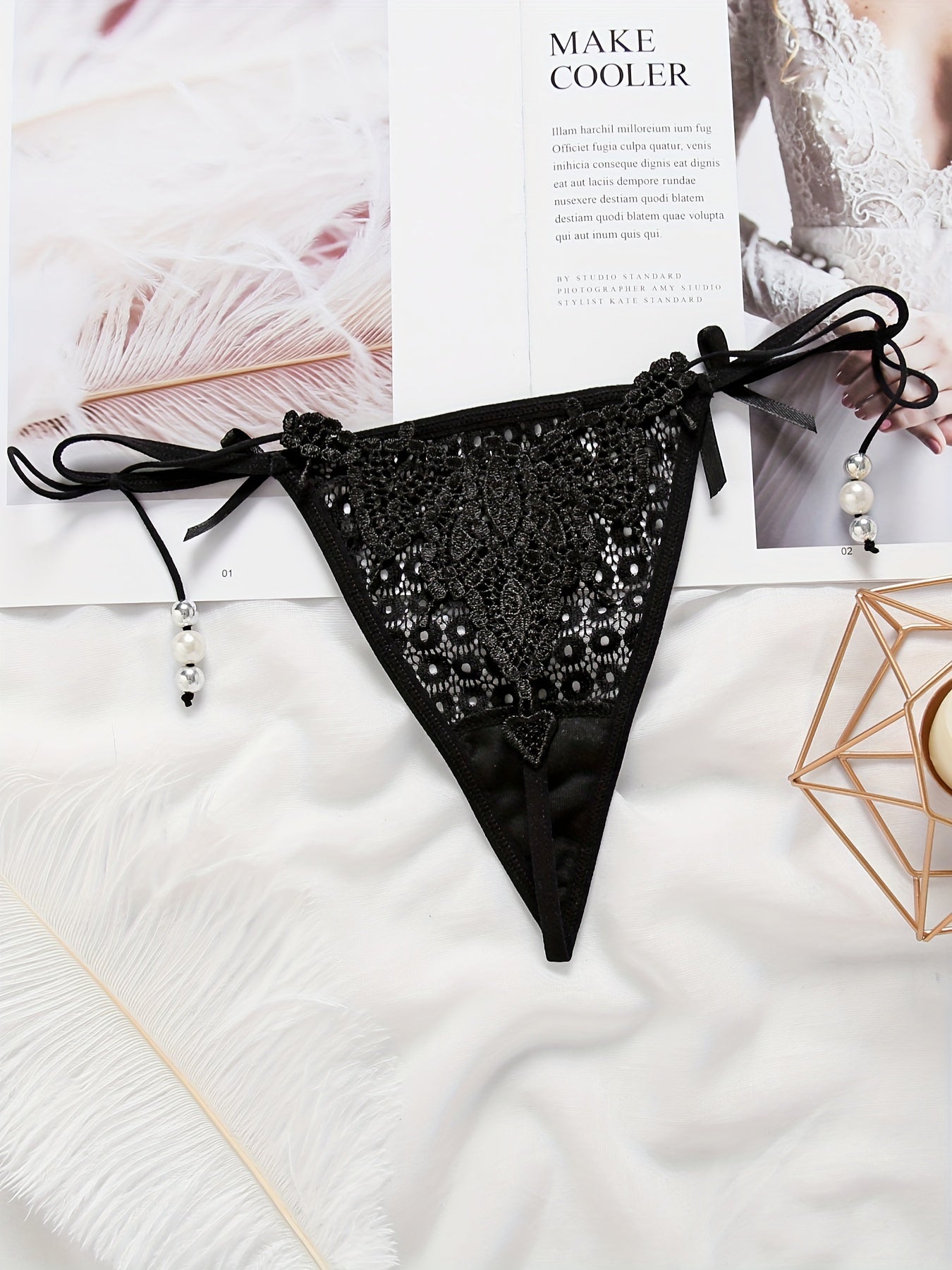 Sexy Jacquard Mesh Strappy Thongs with Pendant Decor