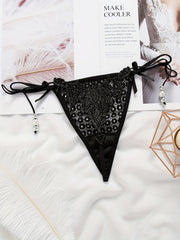 Sexy Jacquard Mesh Strappy Thongs with Pendant Decor