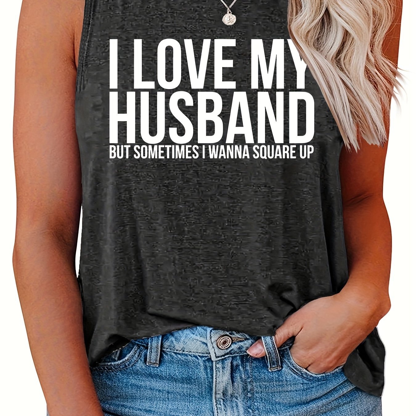 Slogan Print Tank Top Round Neck