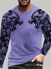 Wolf Pattern Print Men's Graphic Long Sleejson formatves Crew Neck T shirt