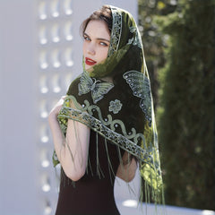 Butterfly Embroidery Triangle Scarf Spring Tassel Shawl Women Travel Head Wrap
