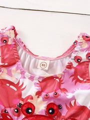Cartoon Crab Print Girls One Piece Swimsuit