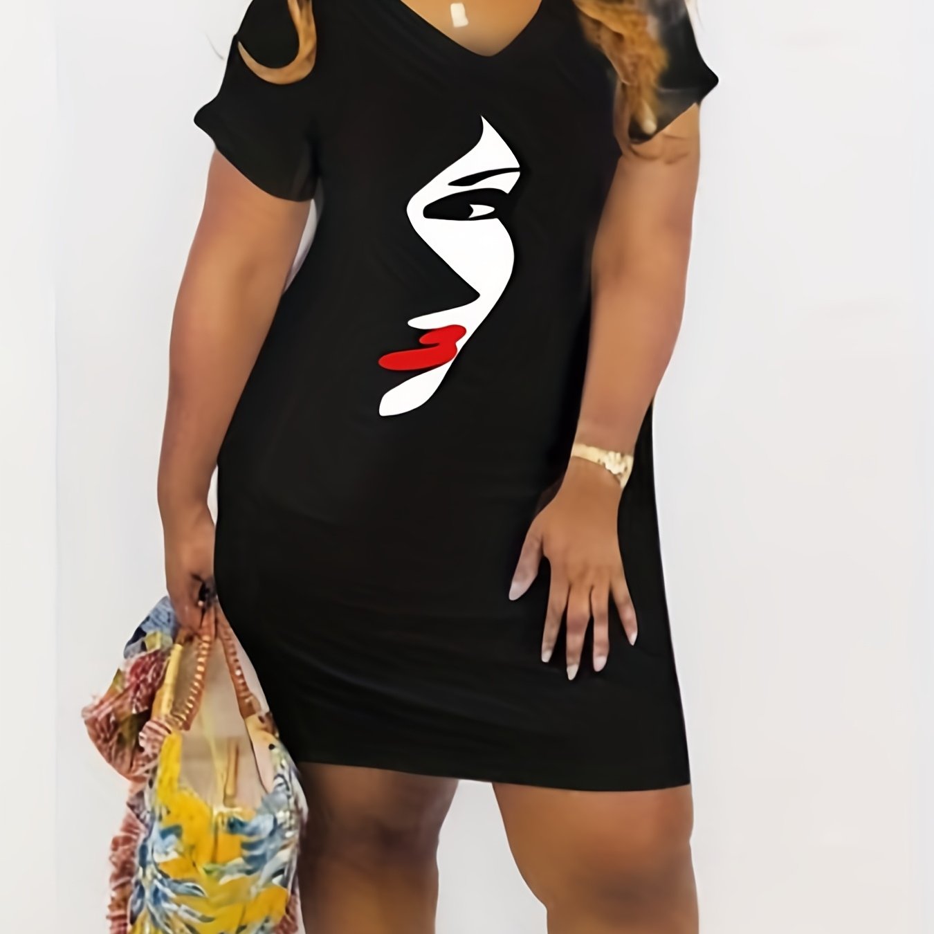 Abstract Figure Print Short Sleeve V Neck Stretch Dress