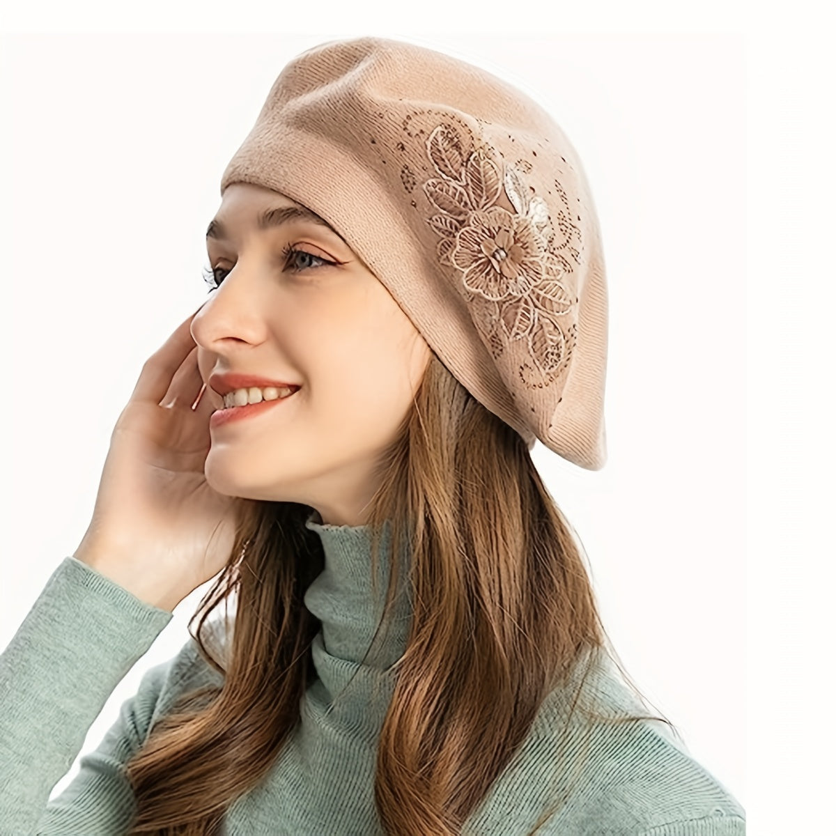 Flower Embroidery Beret Beige Lightweight Warm Berets Cap Women