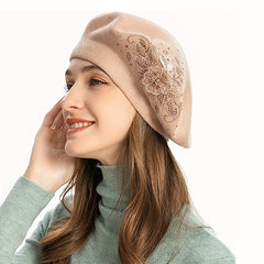 Flower Embroidery Beret Beige Lightweight Warm Berets Cap Women