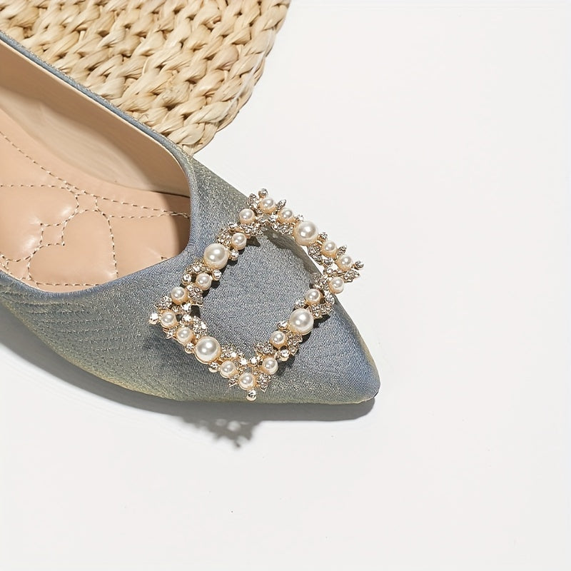 Pearl Buckle Flat Shoes Point Toe Soft Sole Lightweight Walking Shoes