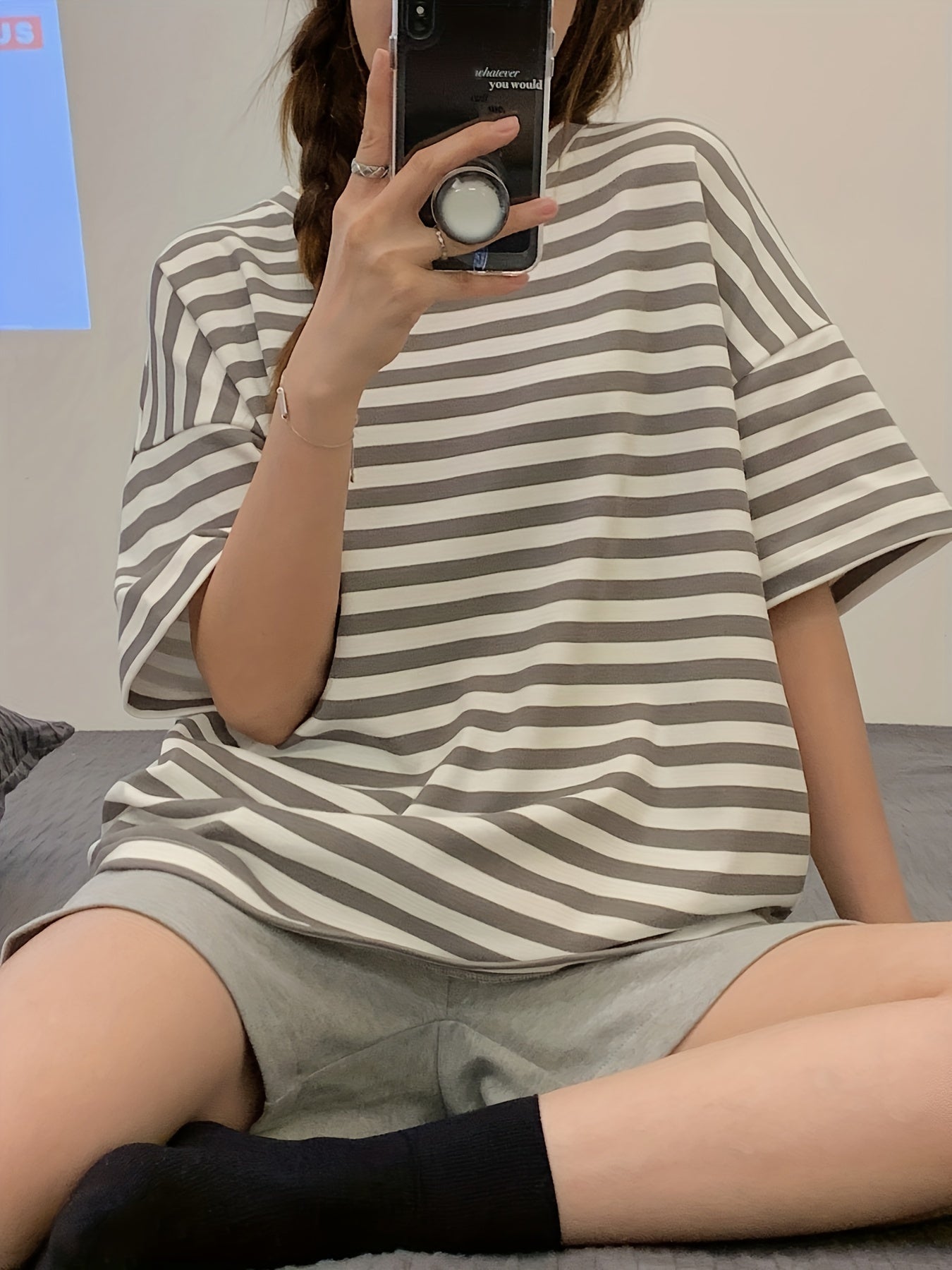 Striped Print Pajama Set Short Sleeve Crew Neck Top & Elastic Waistband Shorts