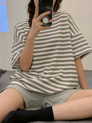 Striped Print Pajama Set Short Sleeve Crew Neck Top & Elastic Waistband Shorts