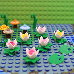 DIY MOC Pond Building Blocks Set with Lotus Water Plants Frog Squirrel Mushroom