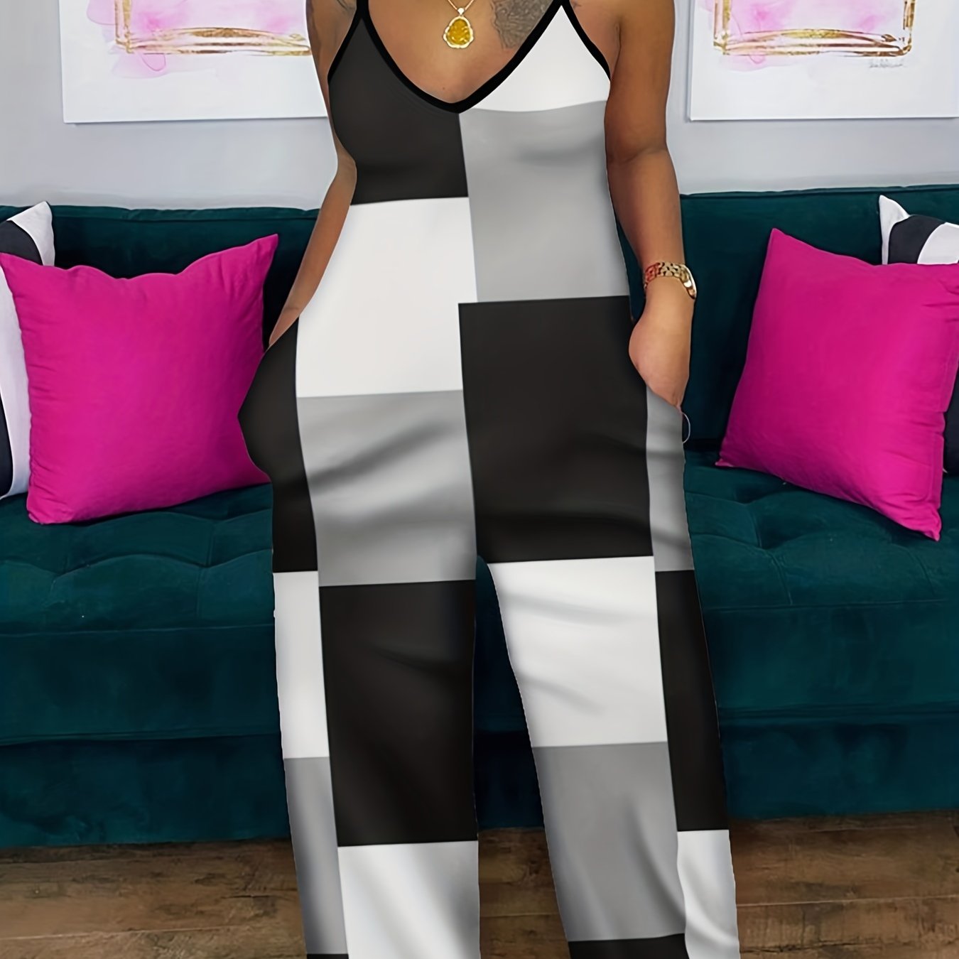 Colorblock Print V Neck Cami Jumpsuit