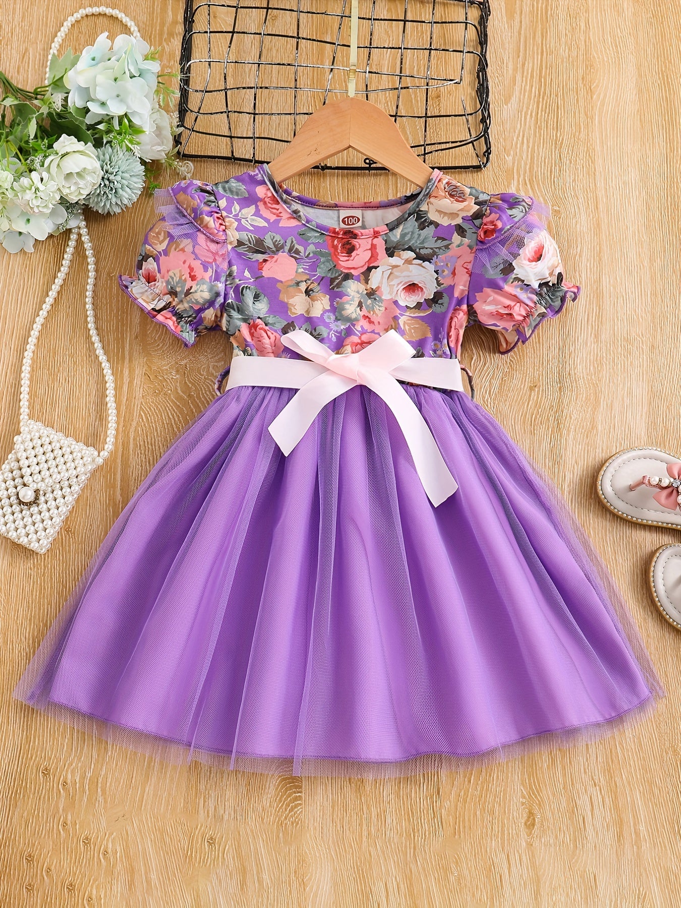 Toddler Girls Floral Princess Dress with Ruffle Trim and Belt