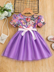 Toddler Girls Floral Princess Dress with Ruffle Trim and Belt