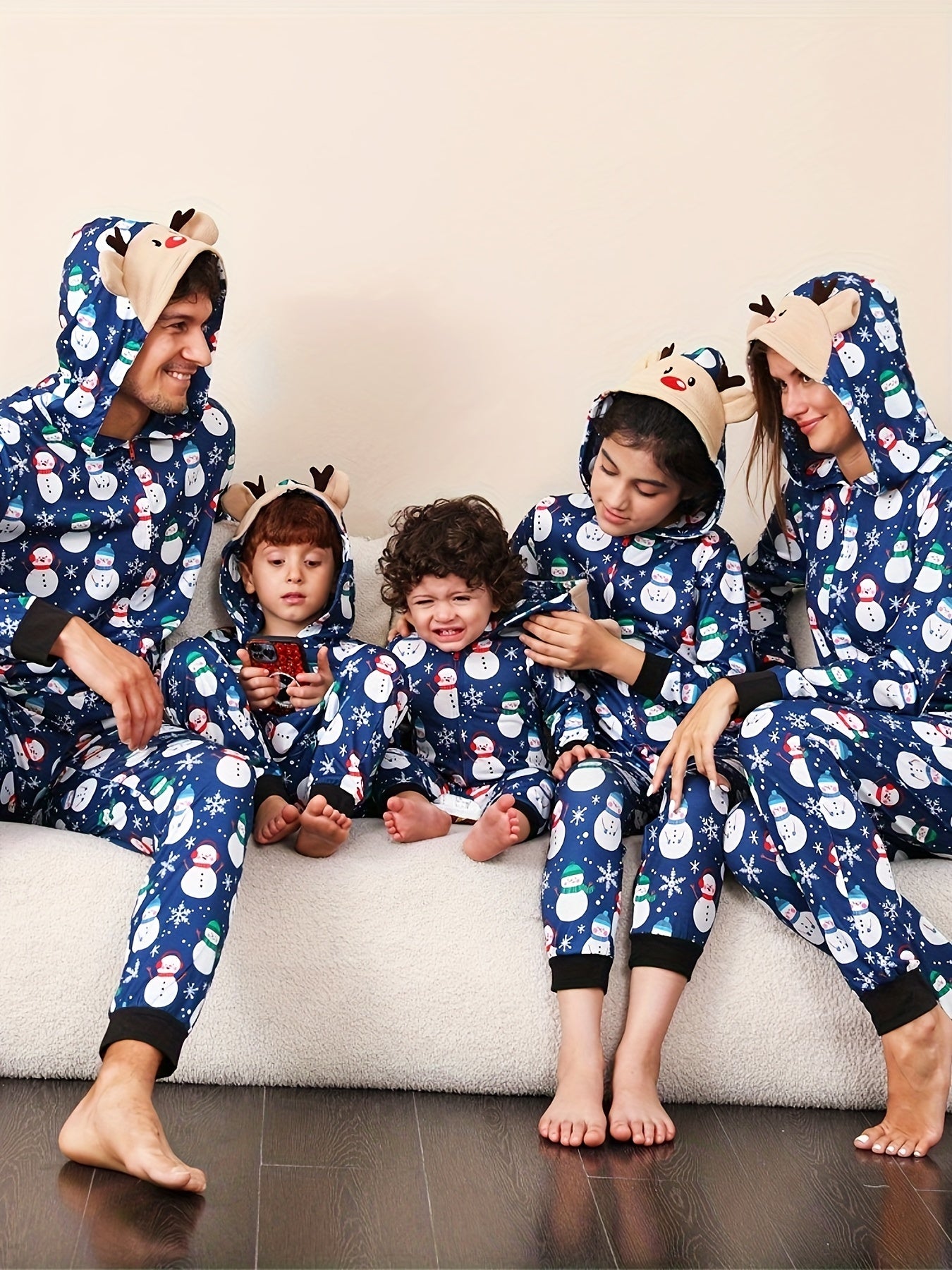 Elk Hooded Pajama Jumpsuit Snowman Print Christmas Pajamas