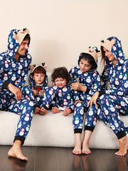 Elk Hooded Pajama Jumpsuit Snowman Print Christmas Pajamas