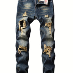 Slim Fit Ripped Jeans Men's Distressed Denim Pants