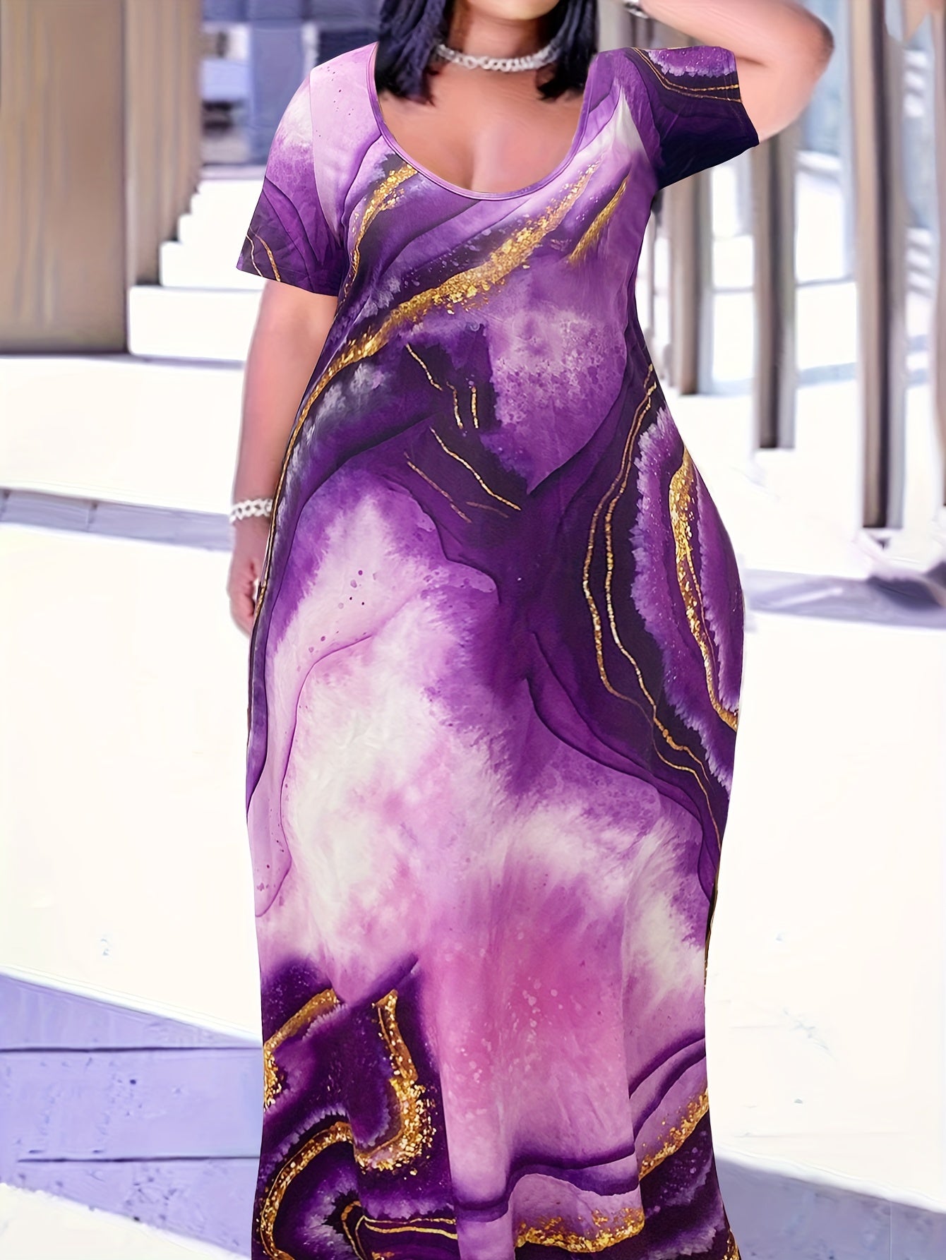 Women's Plus Marble Print Short Sleeve Maxi Dress