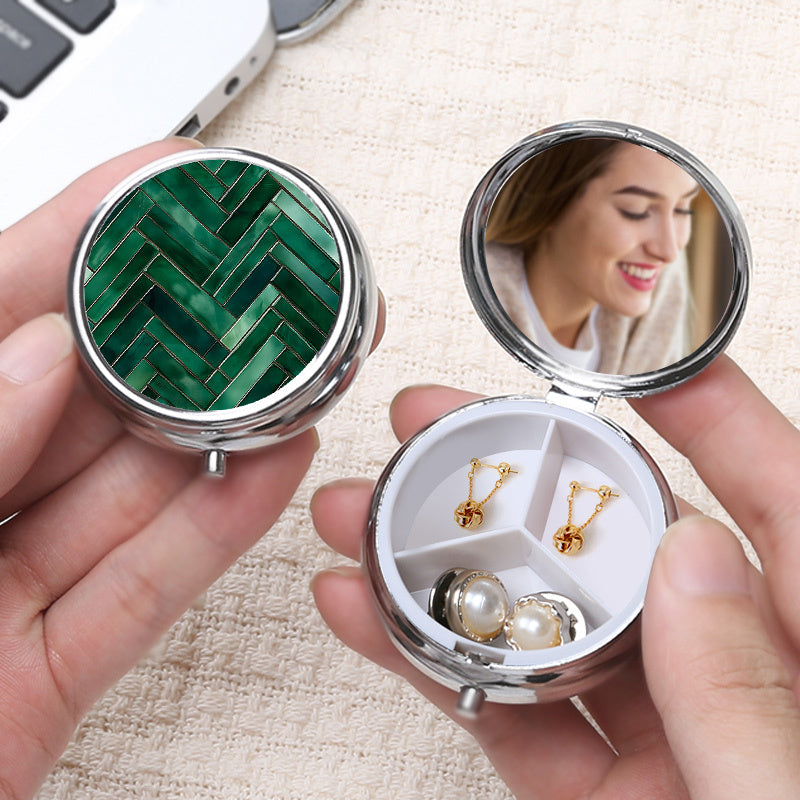 Small Metal Pill Case Green Glass Pattern 3 Compartment Portable Medicine