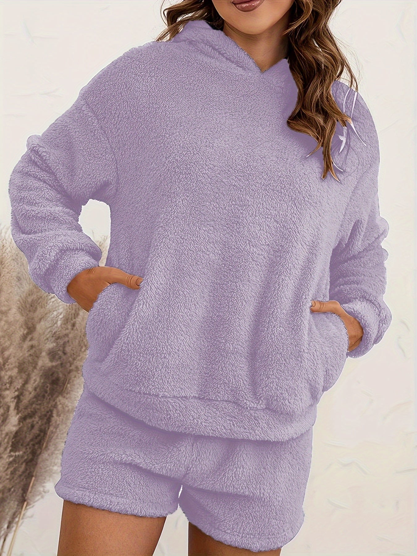 Cozy Fuzzy Lounge Set Hooded Top & Shorts