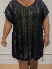 Sheer Cover Up Embroidered Drawstring Dress