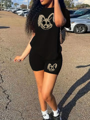 Dark Rabbit Print 2pc Set Crew Neck T Shirt & Shorts Outfits for Spring & Summer