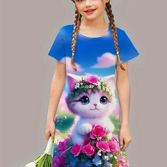 Sweet Flower Cat Print Crew Neck Short Sleeve Dress For Summer Party