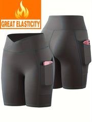 Cross Waist Pocket Sports Shorts For Women High Waisted Yoga Shorts Workout