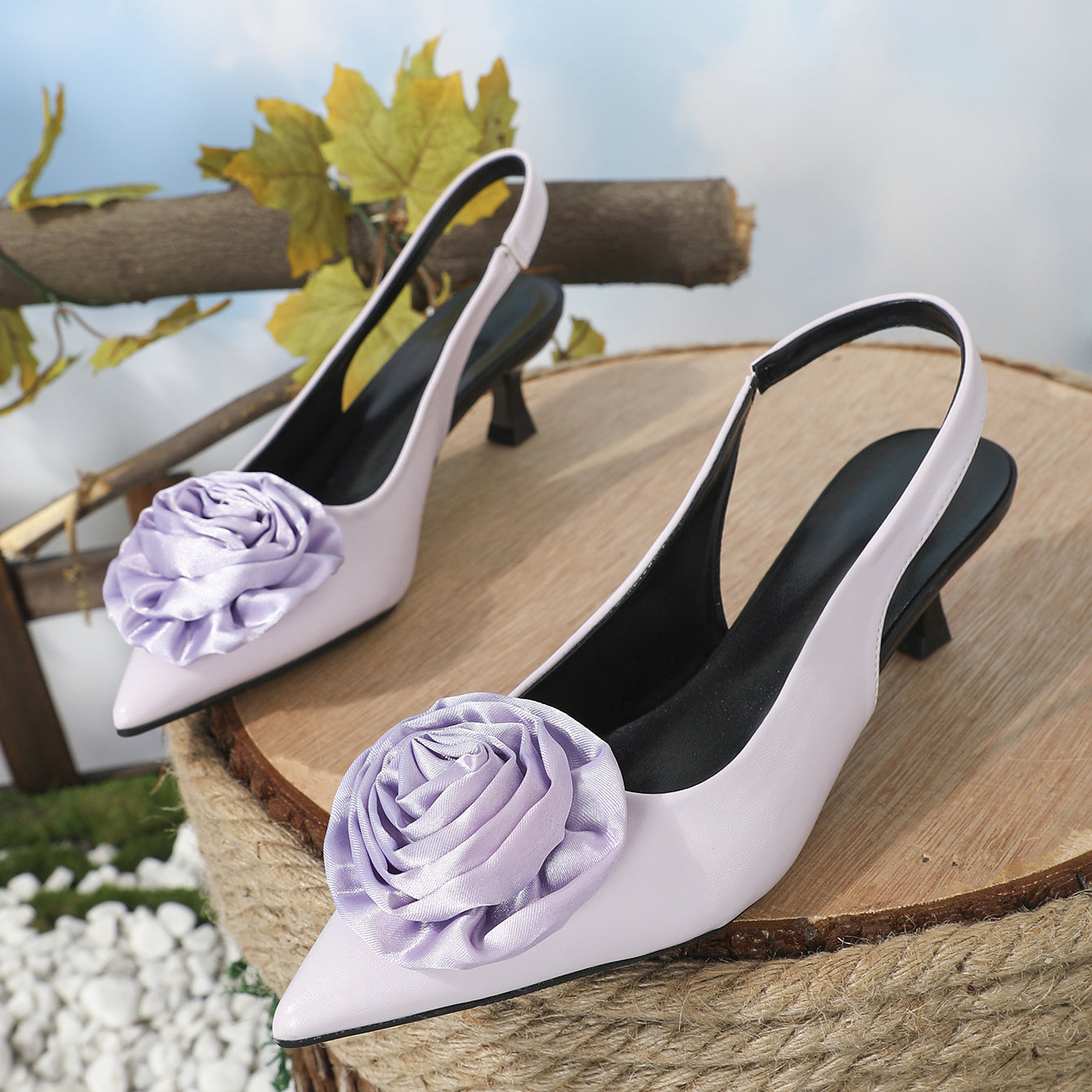 Rose Satin Kitten Heels Slingback Sandals