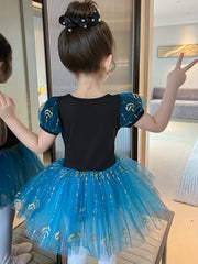 Girls Floral Tulle Tutu Mesh Puff Sleeve Ballet Dance Dress