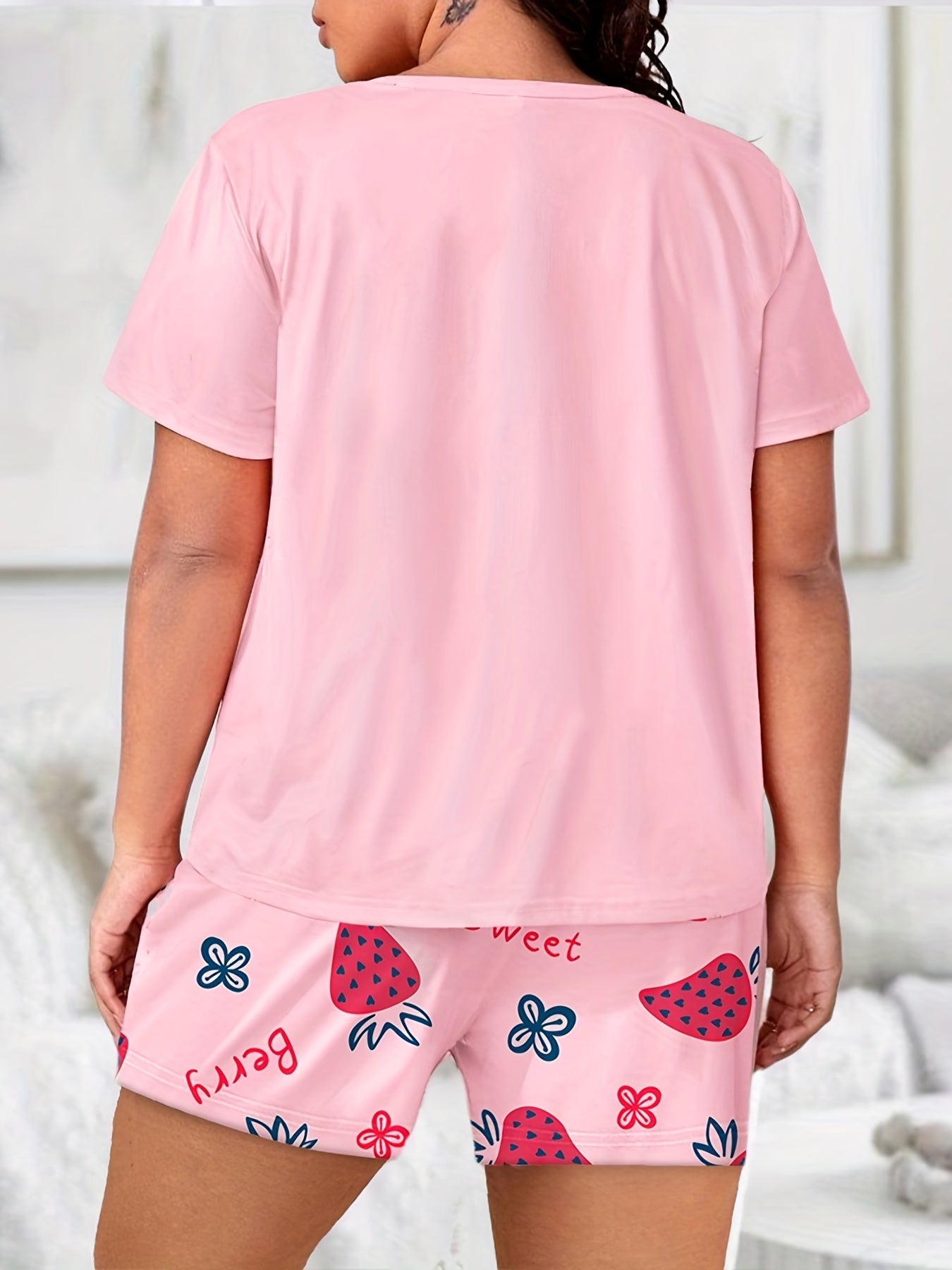 Strawberry & Letter Print Tee & Shorts Pajama Set
