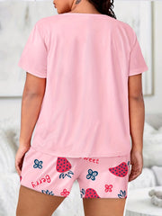 Strawberry & Letter Print Tee & Shorts Pajama Set