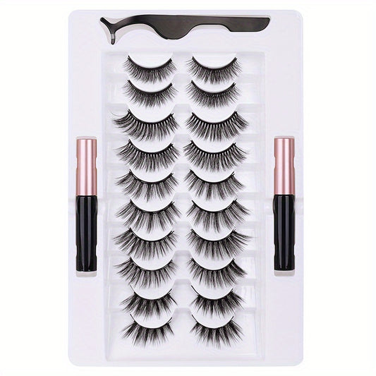 10 Pairs Magnetic Eyelashes Kit With 2 Magnetic Eyeliners & Tweezer