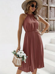 Pleated Sleeveless Dress Solid Cinched Waist Dress