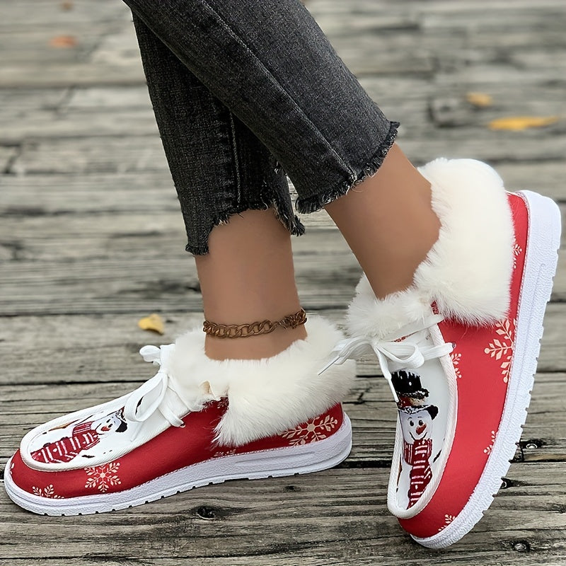 Christmas Snowman Print Plush Lined Thermal Furry Snow Boots