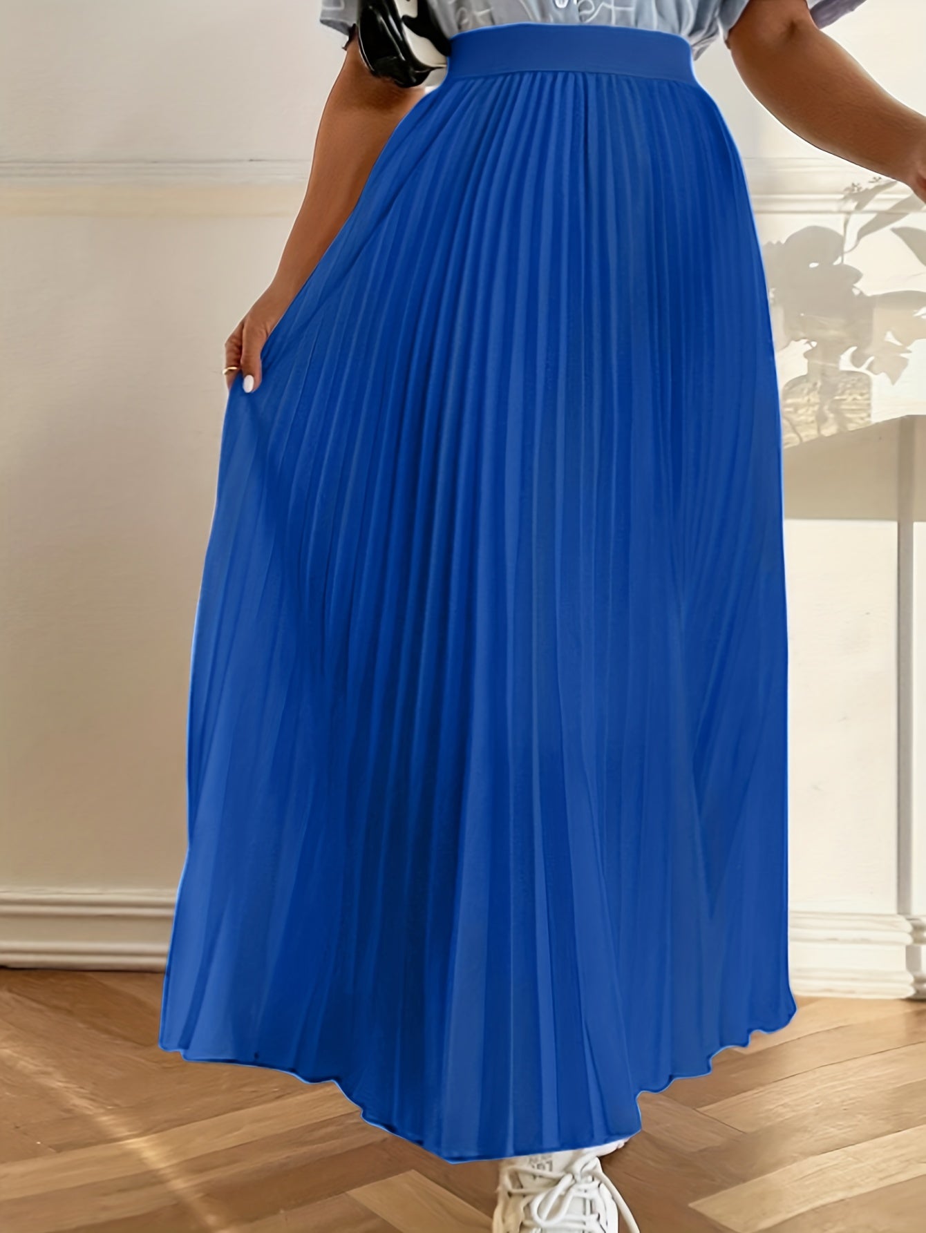 Solid High Waist Pleated Skirt Elastic Waist Spring Summer Women's Clothing