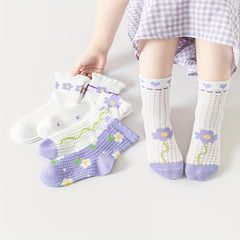 5 Pairs Girls Kids Lace Socks Flower Pattern Cotton Crew Socks 1-11 Years