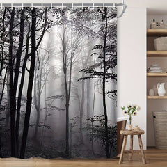 Forest Theme Shower Curtain & Wood with Foggy Pattern Waterproof Fabric