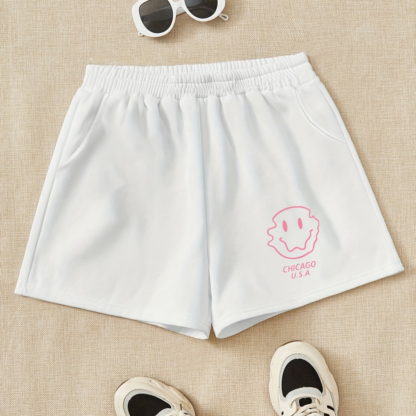 Girls Pink Smile Print Sweat Shorts Elastic Waist