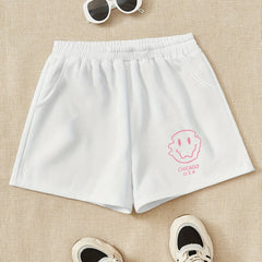 Girls Pink Smile Print Sweat Shorts Elastic Waist