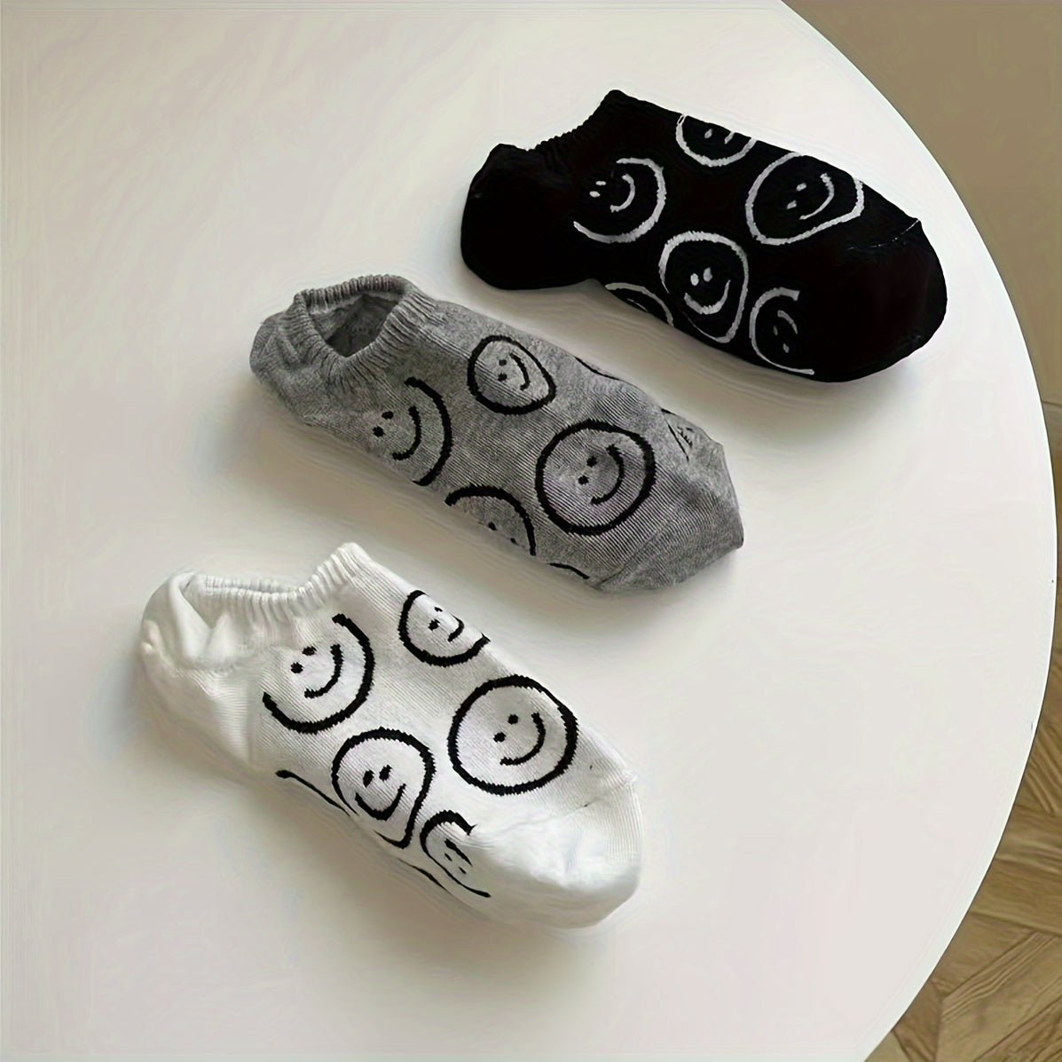 3 Pairs Funny Face Low Cut Ankle Socks Soft Gray