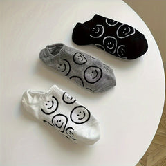3 Pairs Funny Face Low Cut Ankle Socks Soft Gray