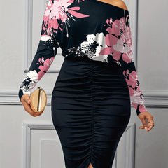 Floral Print Bodycon Ruched Dress Long Sleeve Dress Women's Clothing