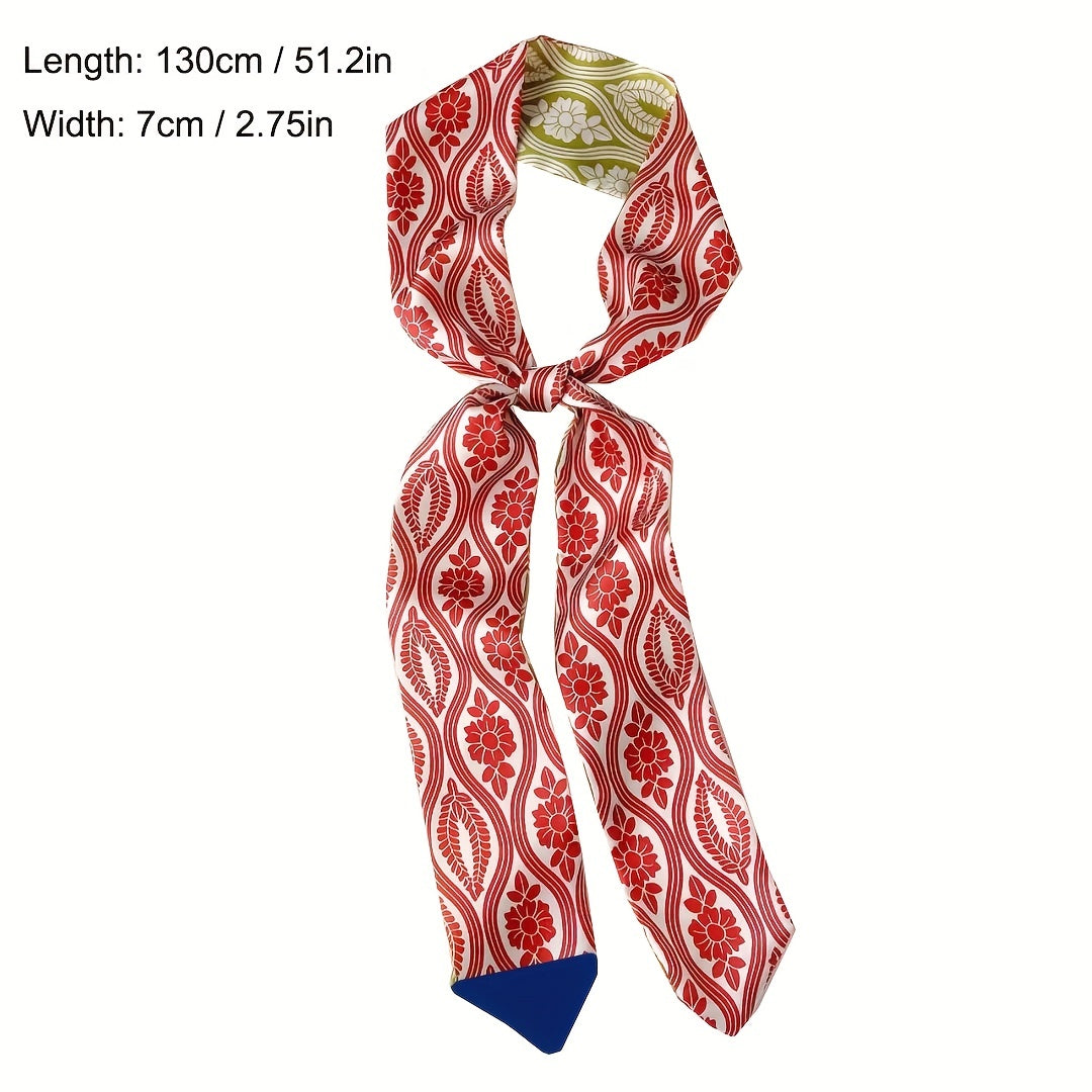 Geometric Floral Print Skinny Scarf French Style Ribbon Necktie
