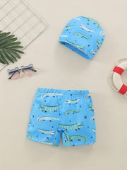 Boys Crocodile Print Swim Trunks & Cap Set for Beach Vacation