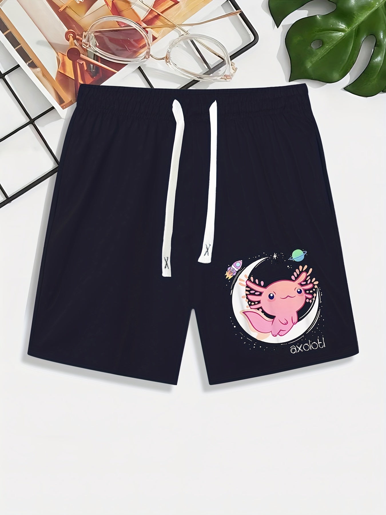 Axolotl Moon Rocket Pattern Comfy Men's Casual Elastic Waist Shorts